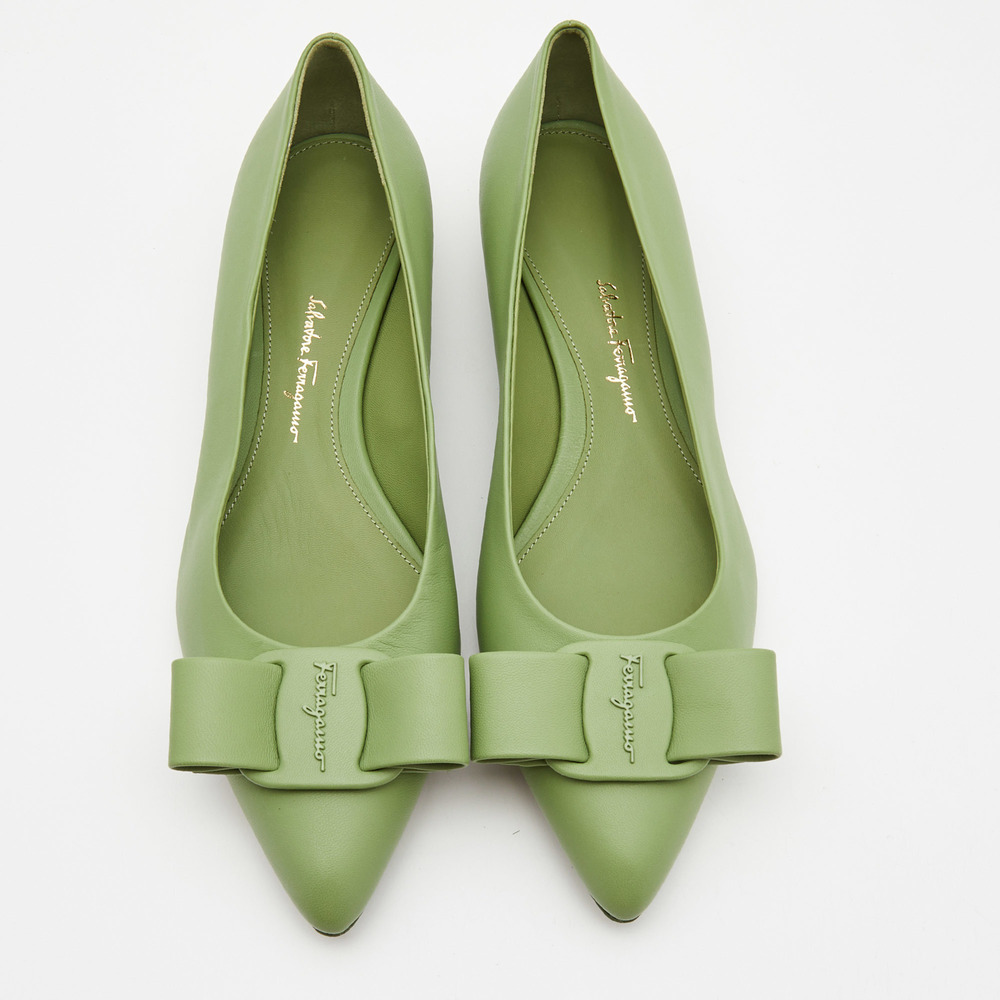 Salvatore Ferragamo Green Leather Viva Bow Ballet Flats Size 39 - Picture 2 of 8